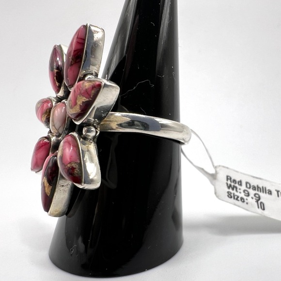 Sterling Silver 925 Red Rose Dahlia Turquoise Flower Statement Ring Size 10 - Picture 4 of 9